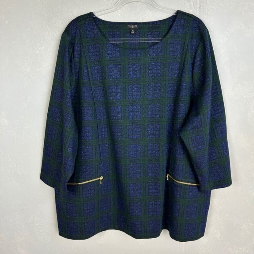 Talbots plus size 3X top blue green plaid zip pocket shimmery 3/4 sleeve